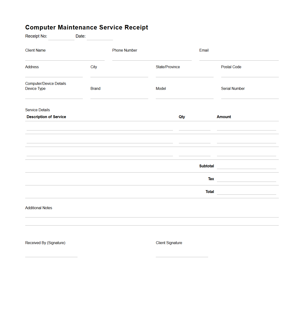 Blank Computer Maintenance Service Receipt Template