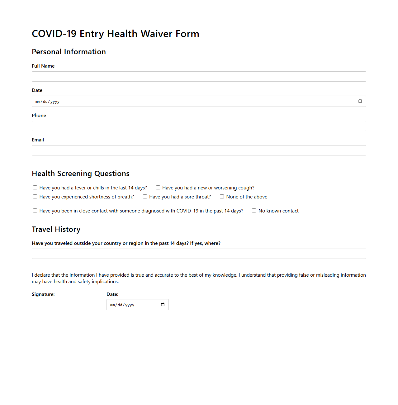Blank COVID-19 Entry Health Waiver Form