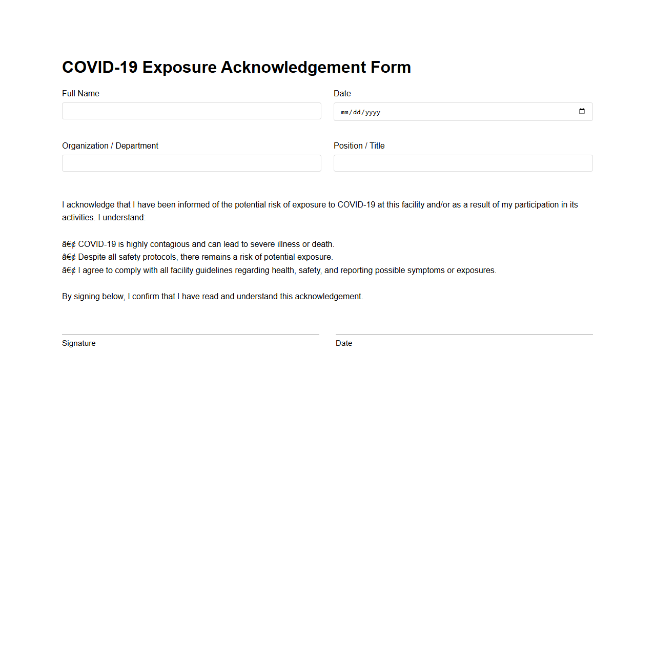 Blank COVID-19 Exposure Acknowledgement Form