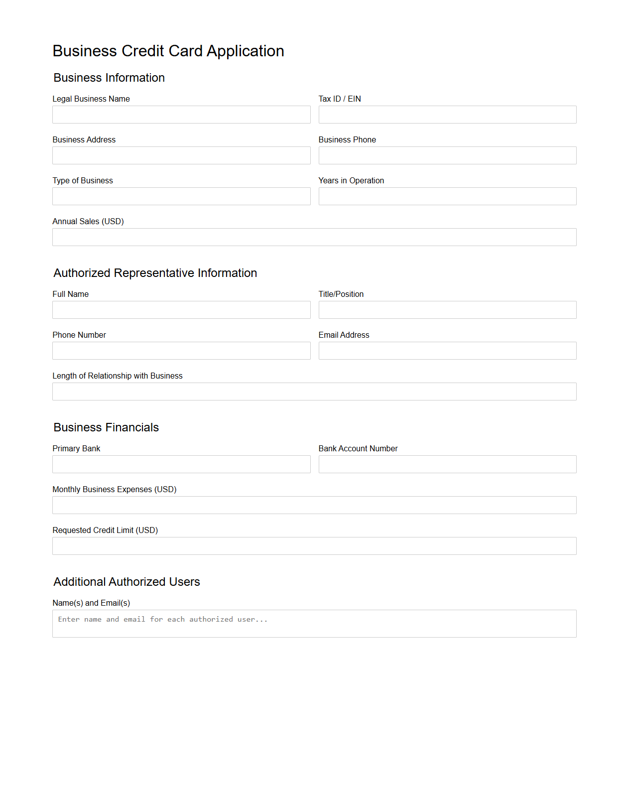 Blank Credit Card Application Template for Business Clients