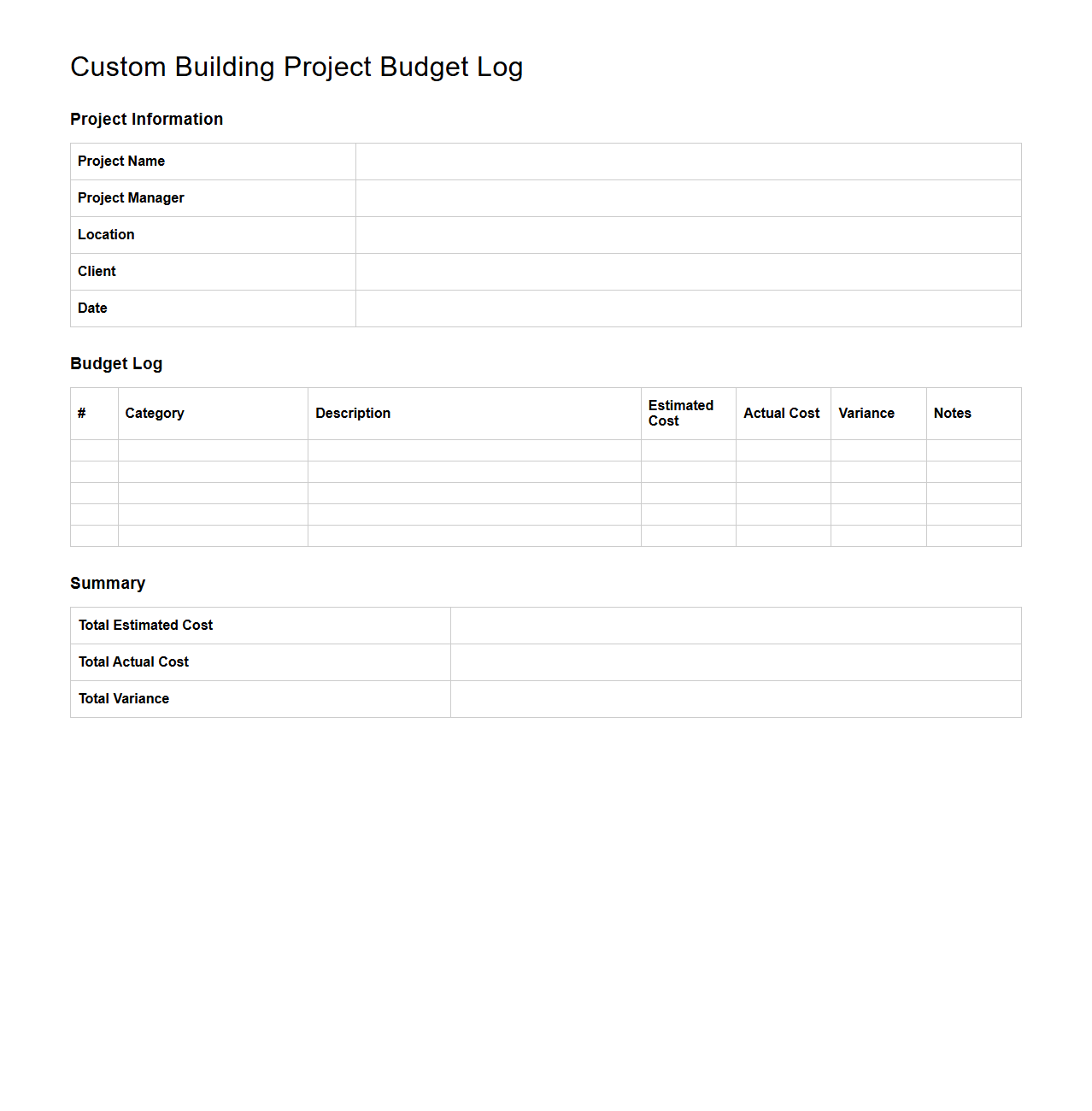 Blank Custom Building Project Budget Log
