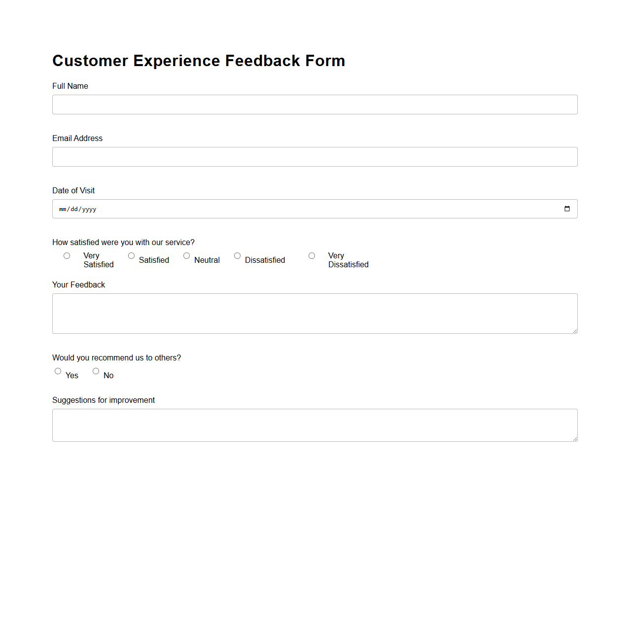 Blank Customer Experience Feedback Form
