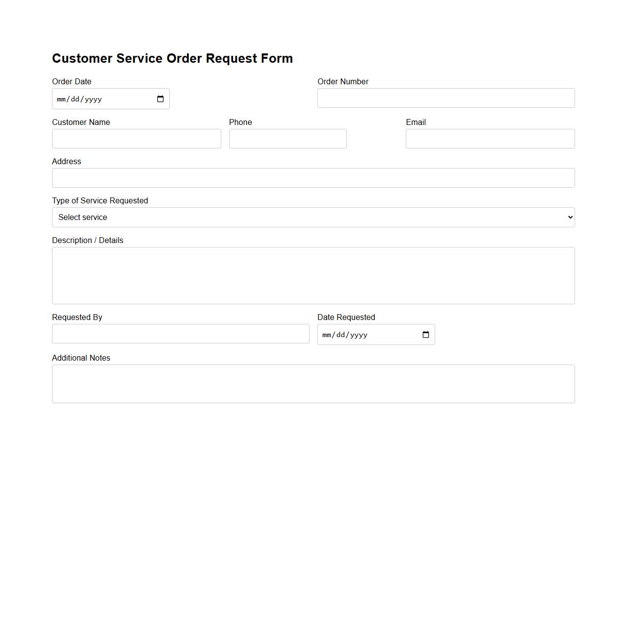 Blank Customer Service Order Request Form