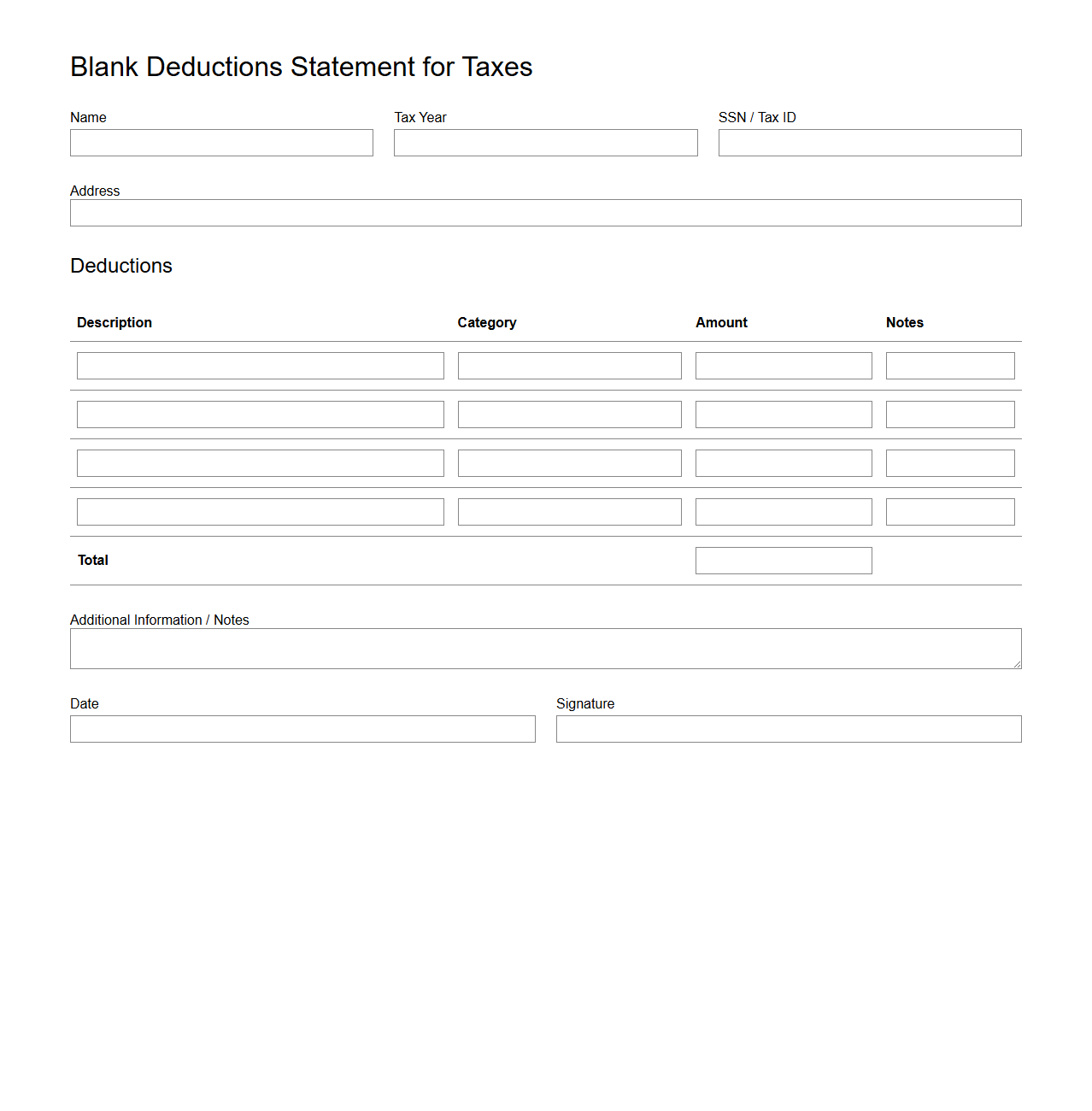 Blank Deductions Statement for Taxes