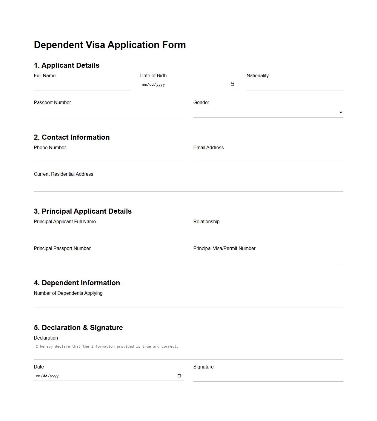 Blank Dependent Visa Application Structure