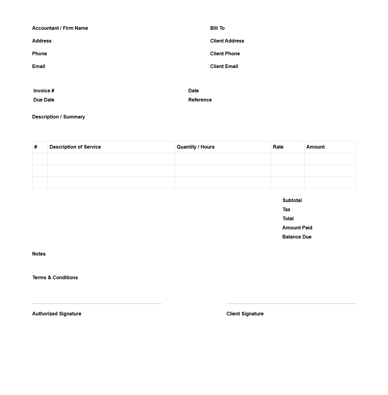 Blank Detailed Invoice Template for Accountants
