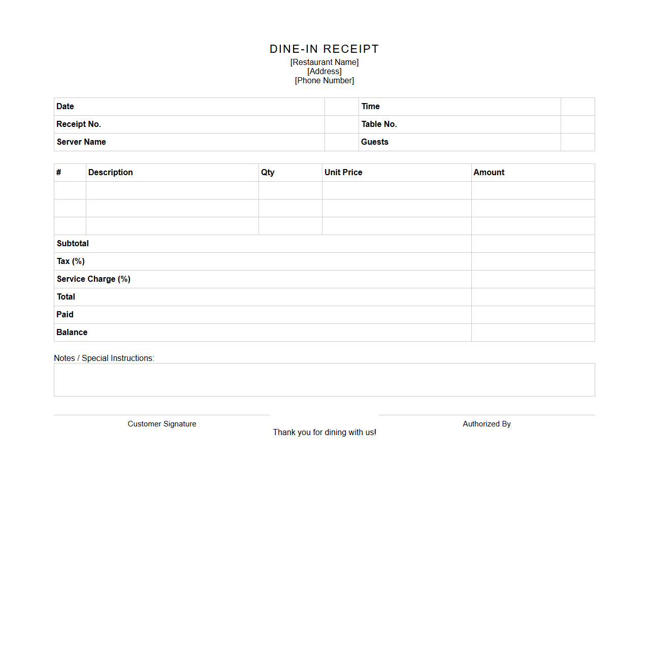 Blank Dine-In Receipt Format for Meal Services