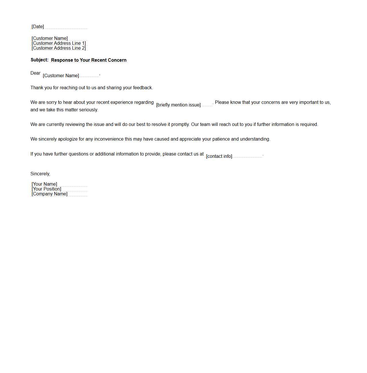Blank Disgruntled Customer Response Letter Template
