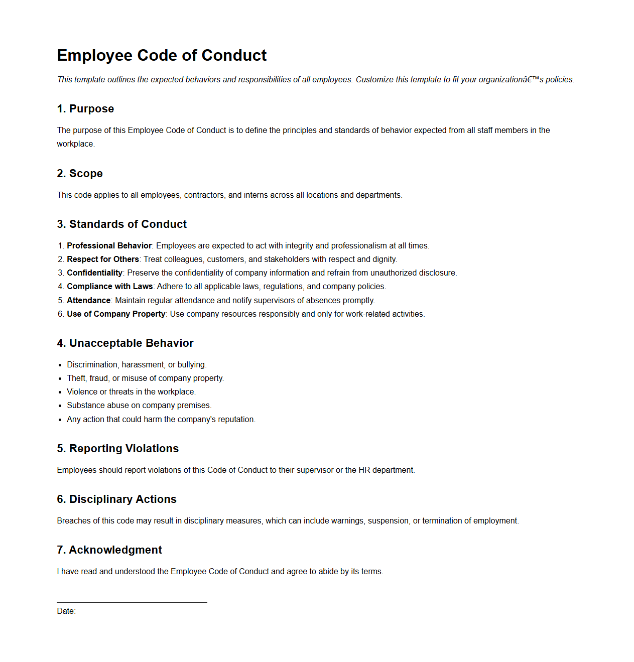 Blank Employee Code of Conduct Template for Workplaces
