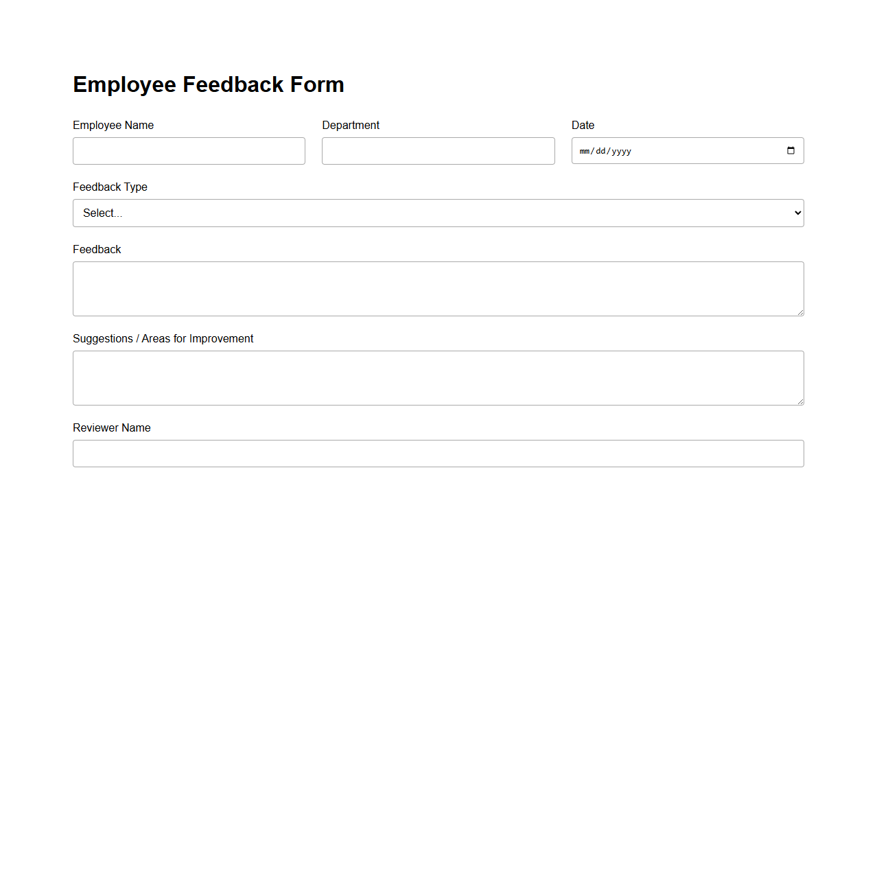 Blank Employee Feedback Form Template