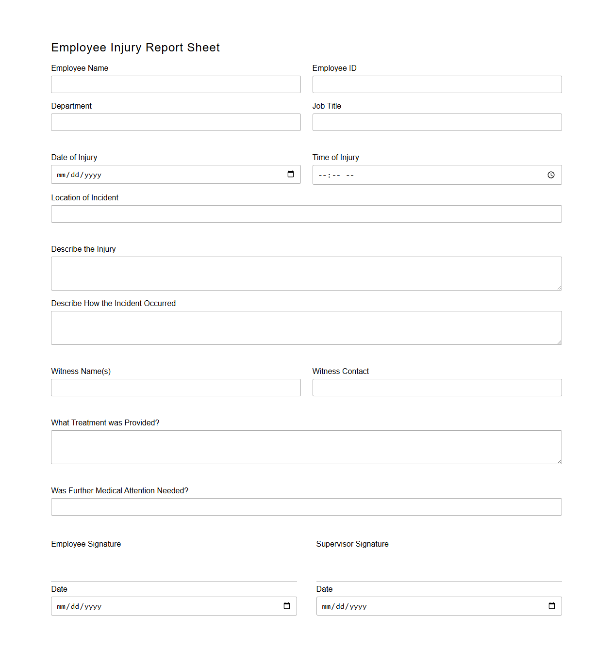 Blank Employee Injury Report Sheet