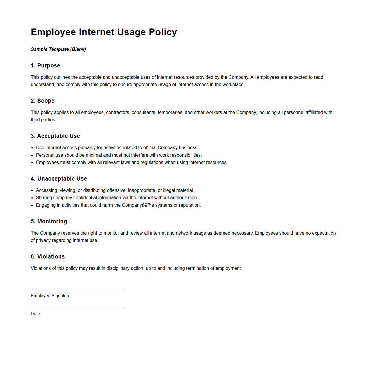 Blank Employee Internet Usage Policy Sample