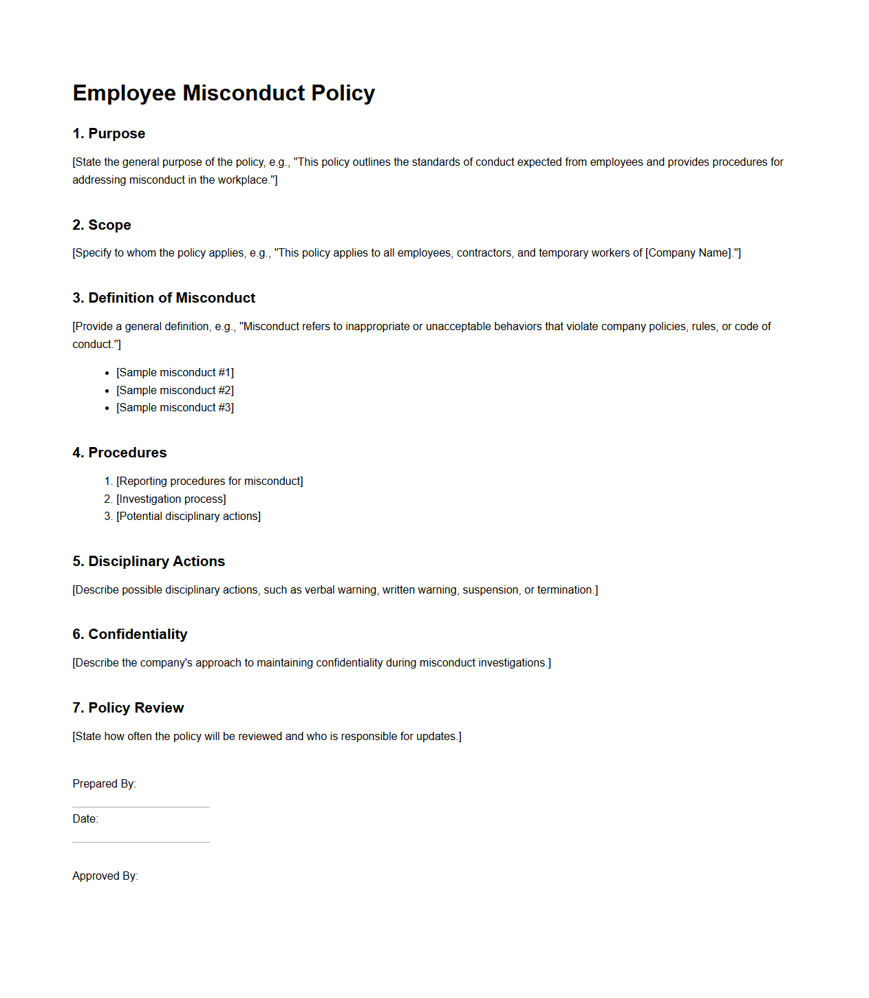 Blank Employee Misconduct Policy Format