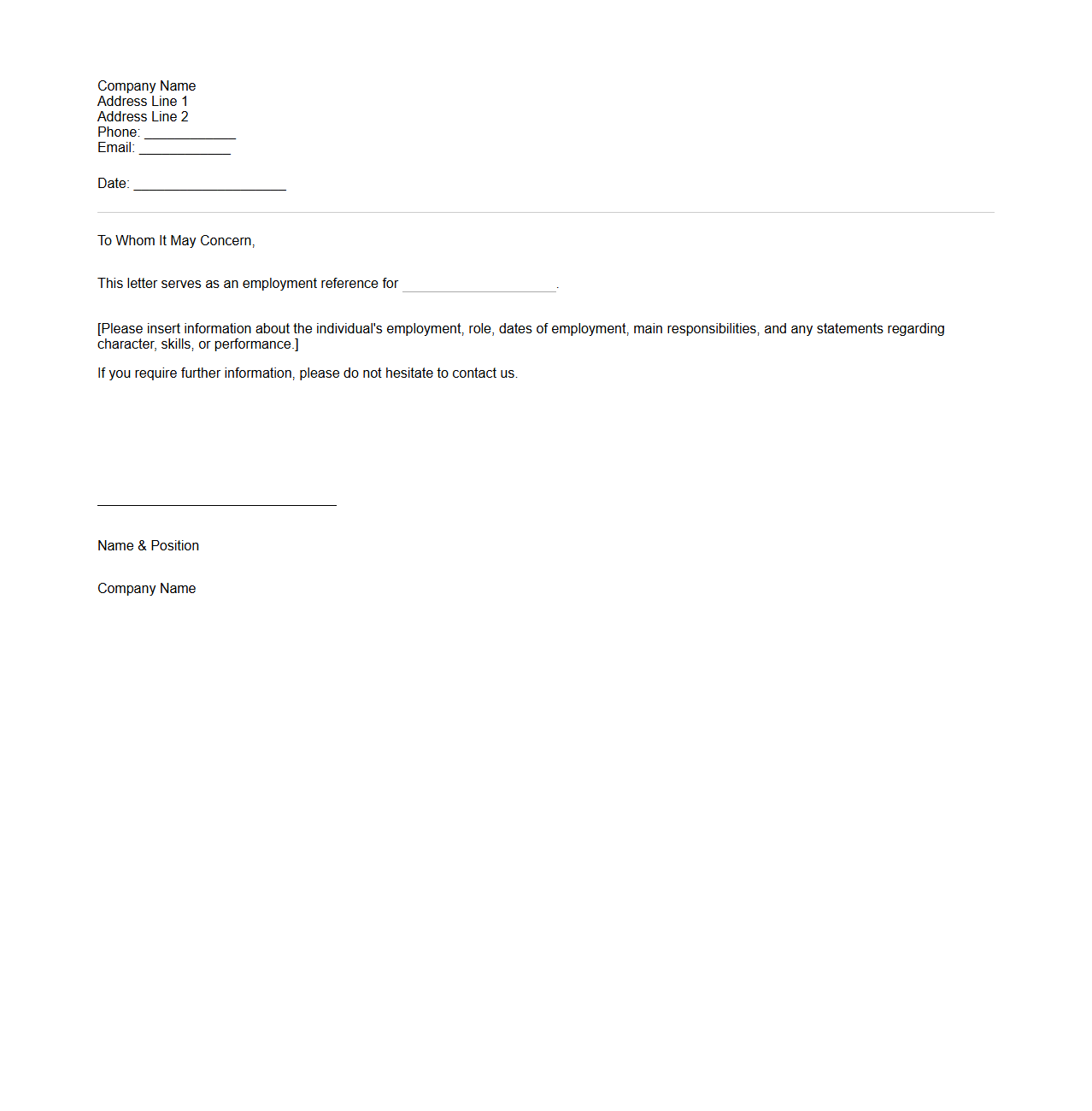 Blank Employment Reference Letter Design