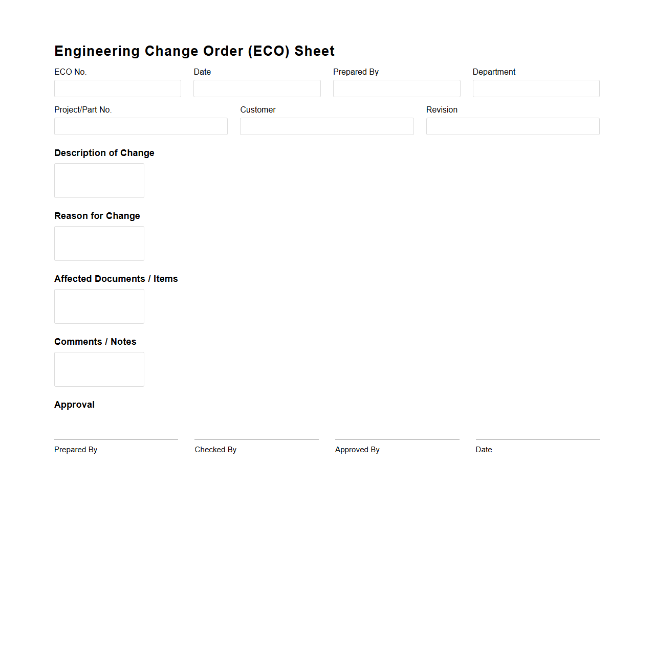 Blank Engineering Change Order Sheet