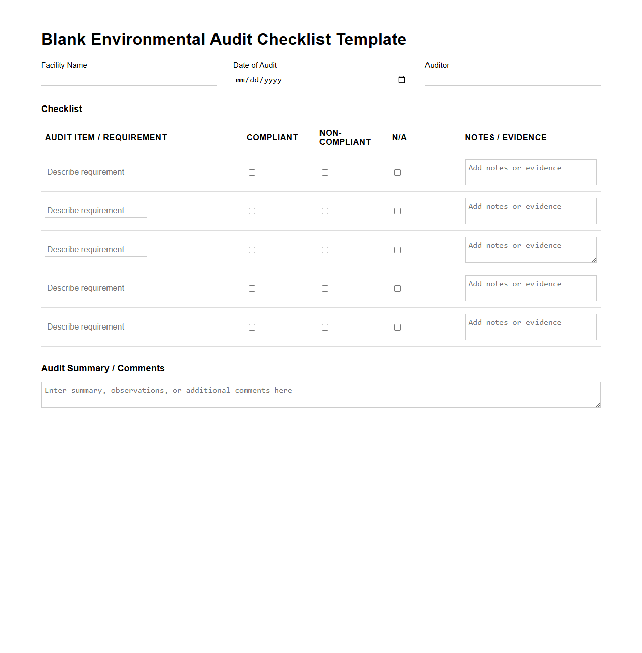 Blank Environmental Audit Checklist Template for Compliance Tracking