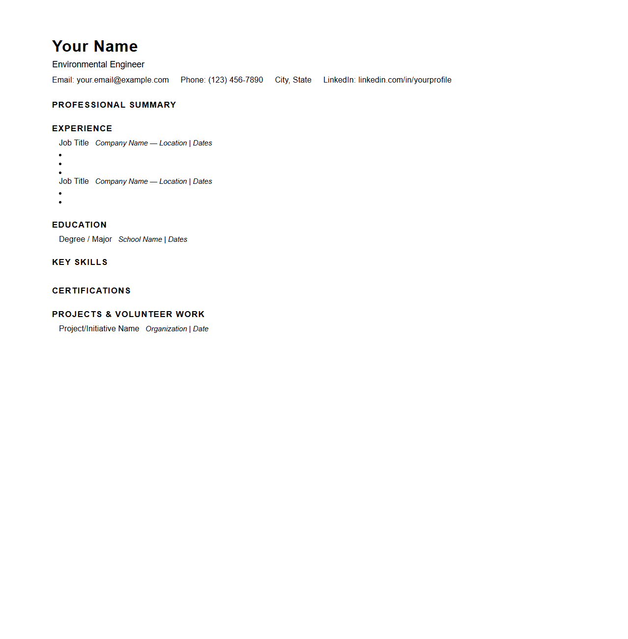Blank Environmental Engineering Resume Design for Sustainability Roles