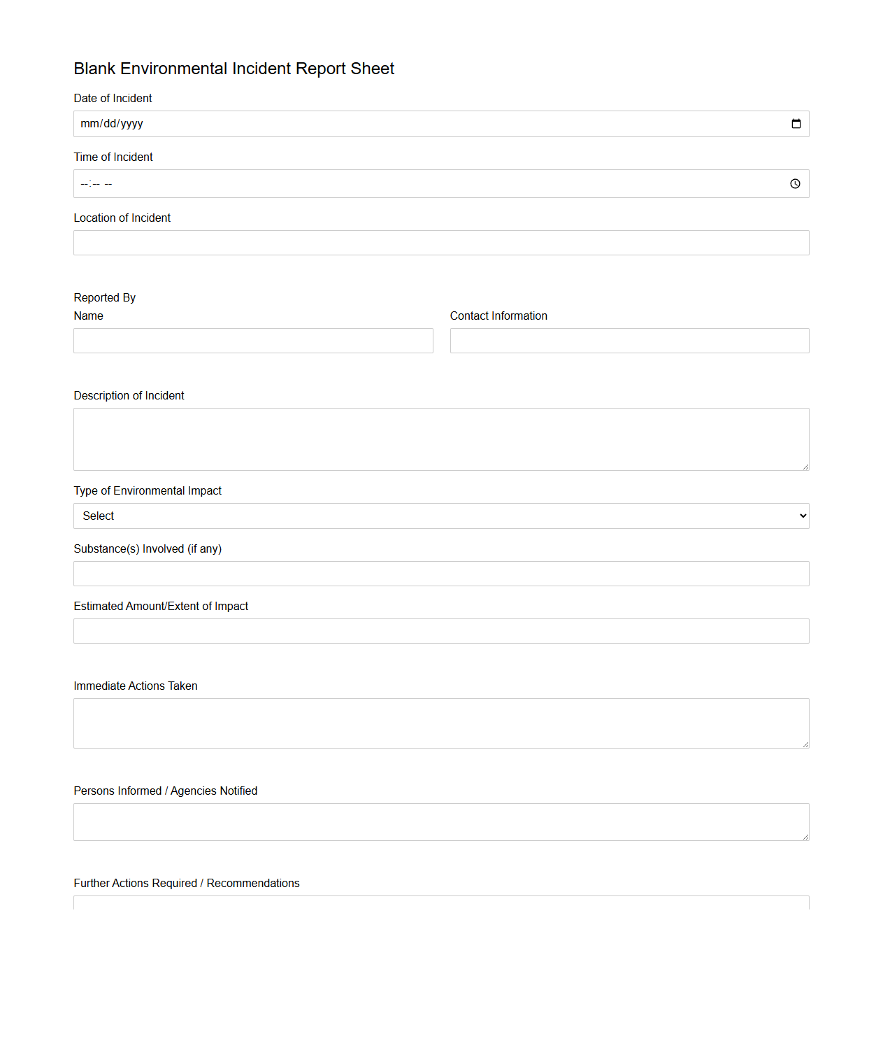 Blank Environmental Incident Report Sheet