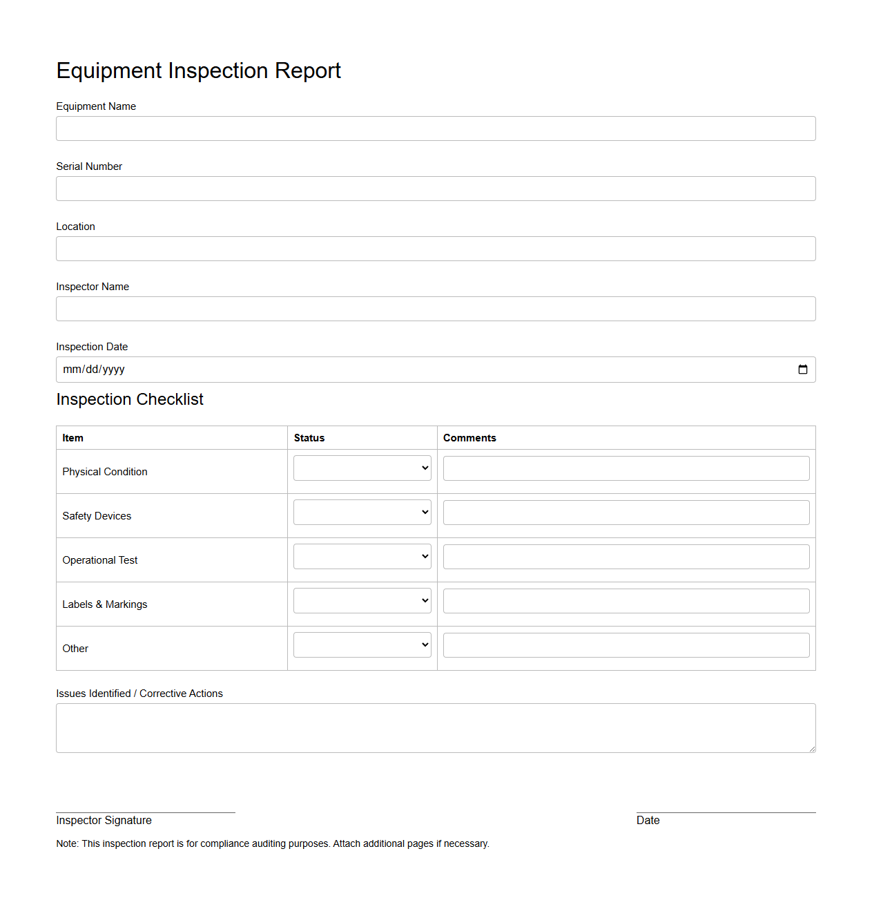 Blank Equipment Inspection Report Template for Compliance Auditing