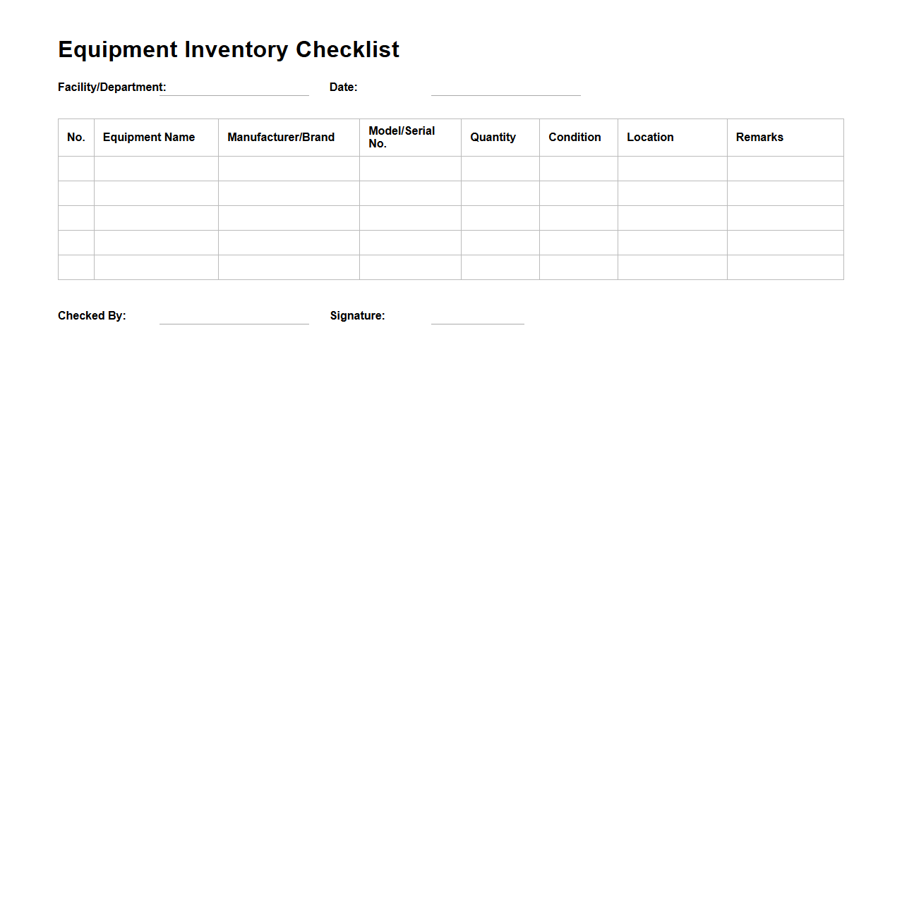 Blank Equipment Inventory Checklist Template for Manufacturing