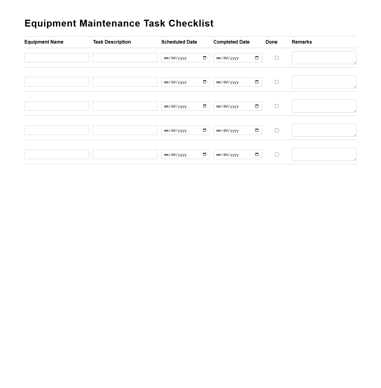 Blank Equipment Maintenance Task Checklist