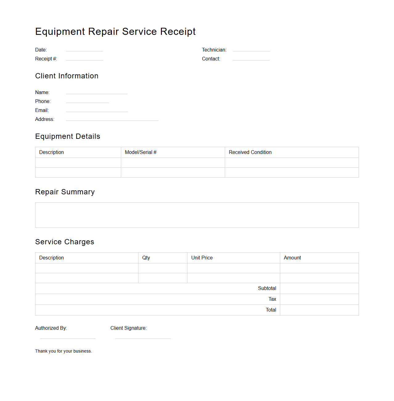 Blank Equipment Repair Service Receipt Template