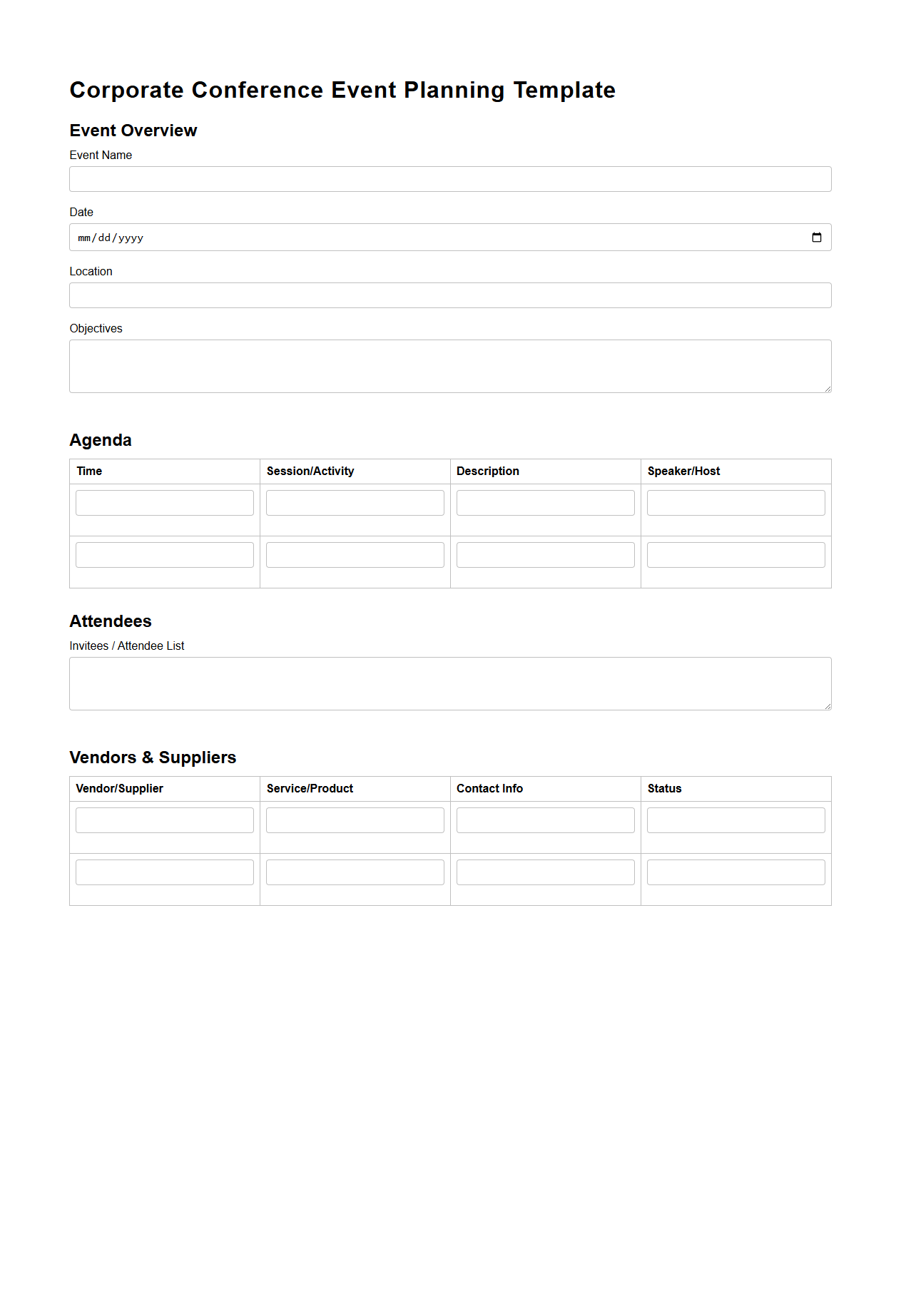 Blank Event Planning Template for Corporate Conferences