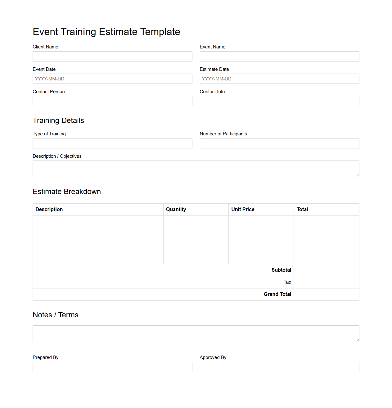 Blank Event Training Estimate Template