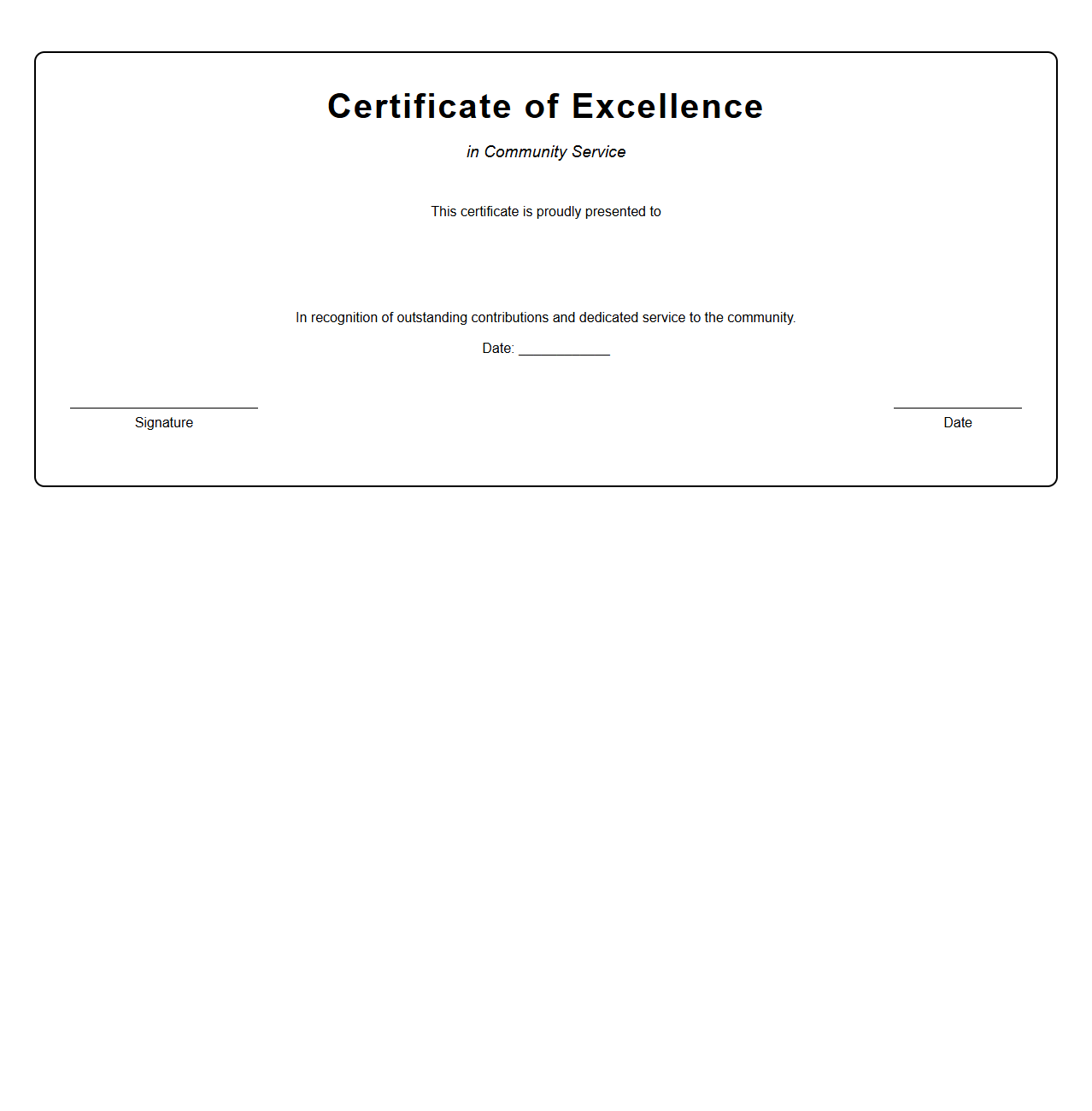 Blank Excellence in Community Service Certificate Template