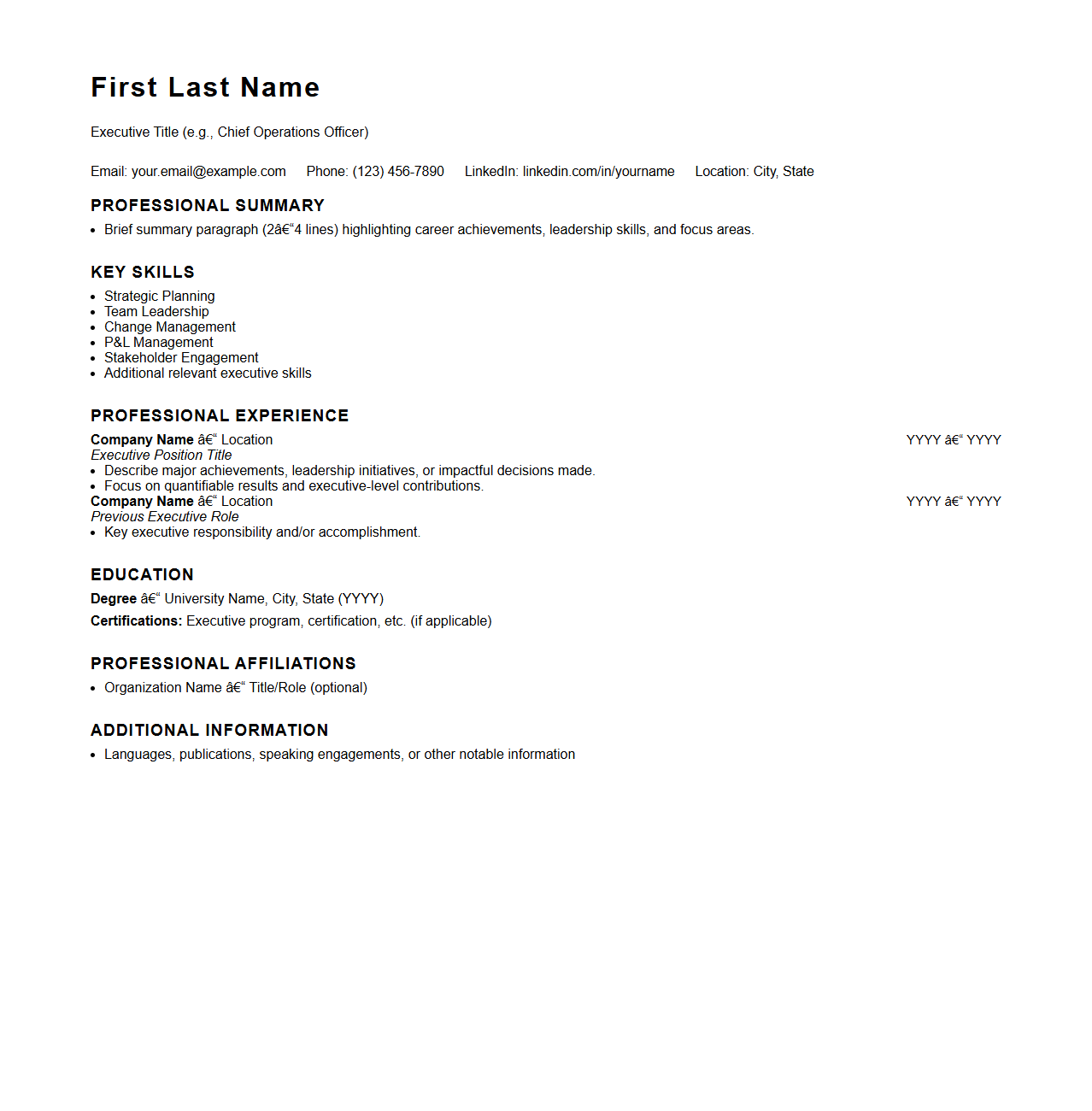 Blank Executive Resume Template for Senior Positions