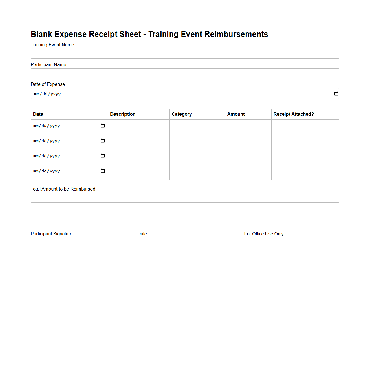 Blank Expense Receipt Sheet for Training Event Reimbursements