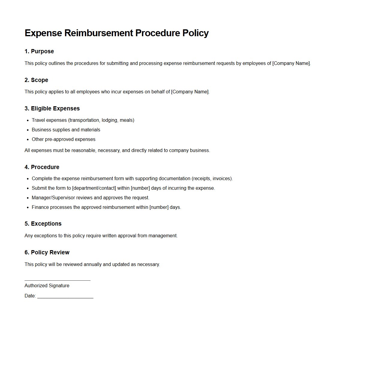 Blank Expense Reimbursement Procedure Policy Template