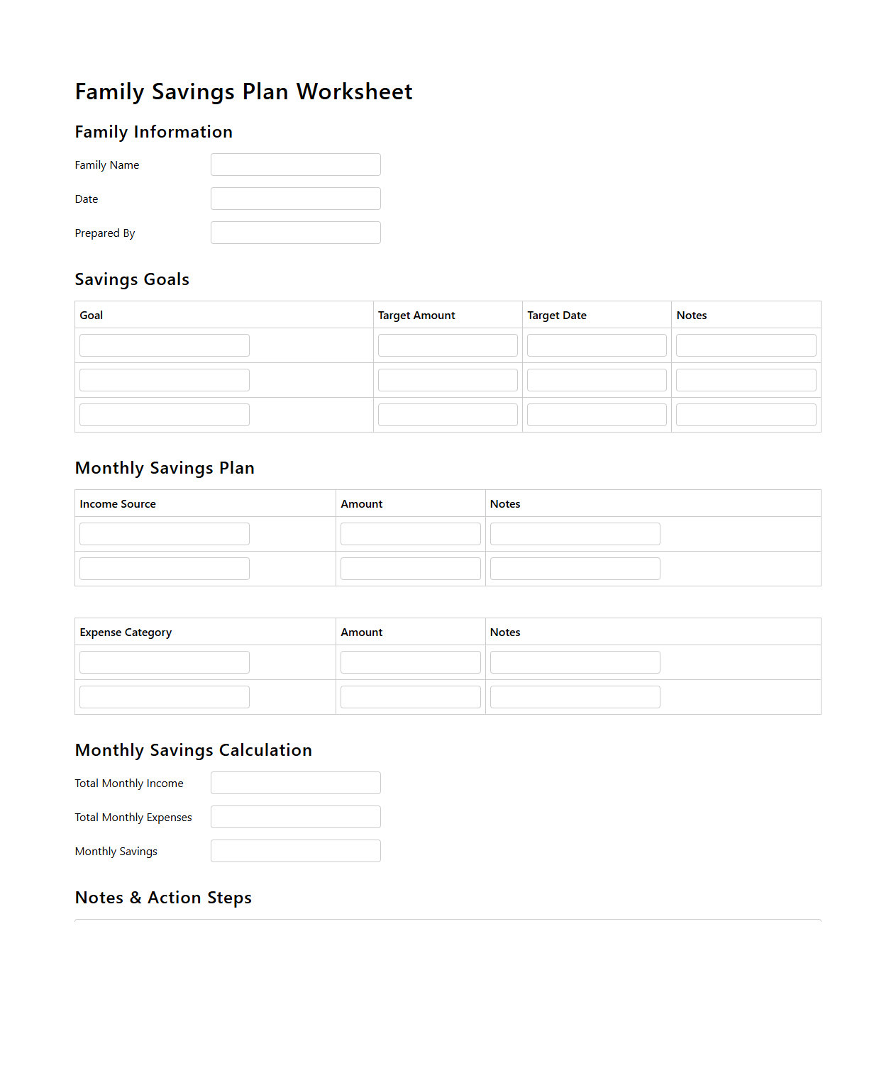 Blank Family Savings Plan Worksheet