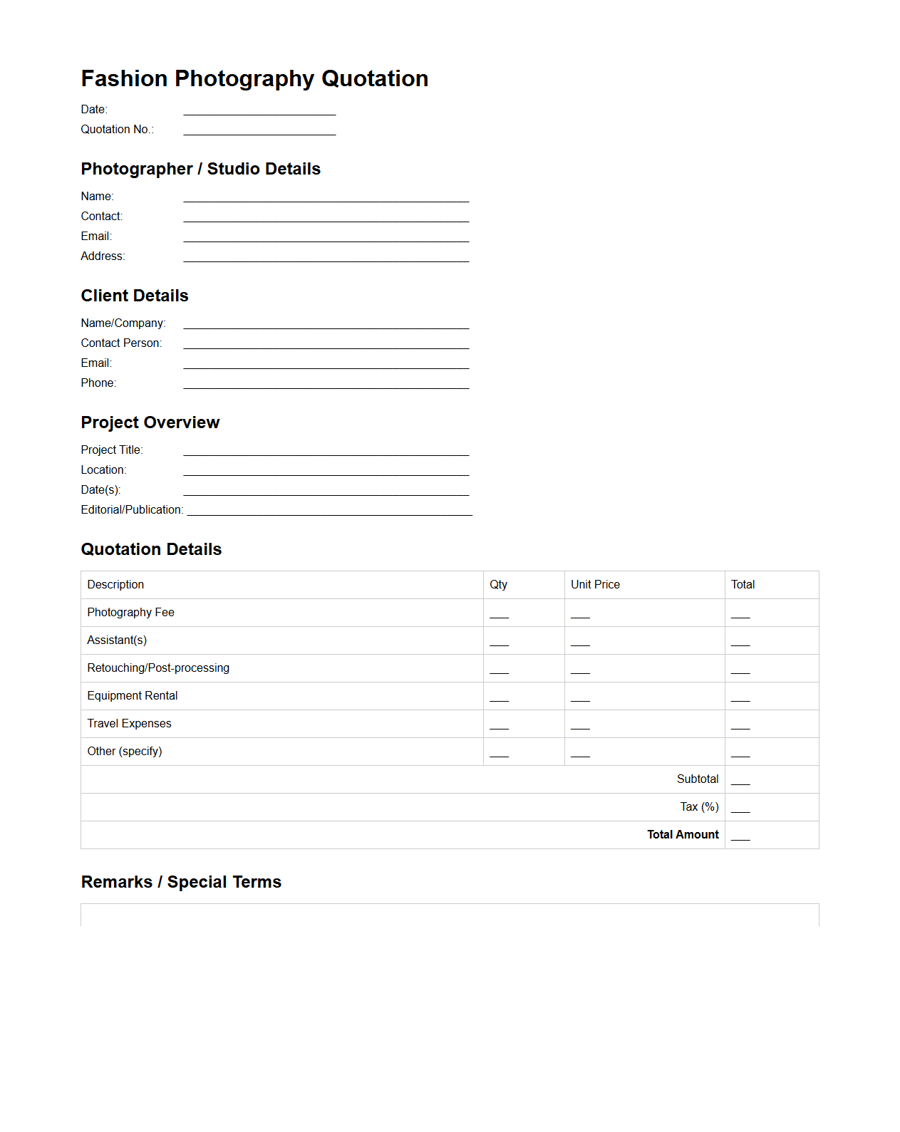 Blank Fashion Photography Quotation Template for Editorial Projects