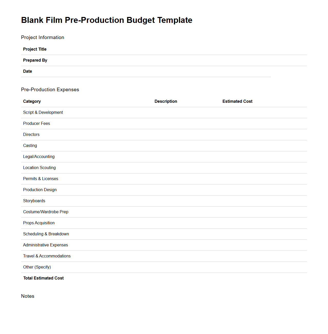 Blank Film Pre-Production Budget Template