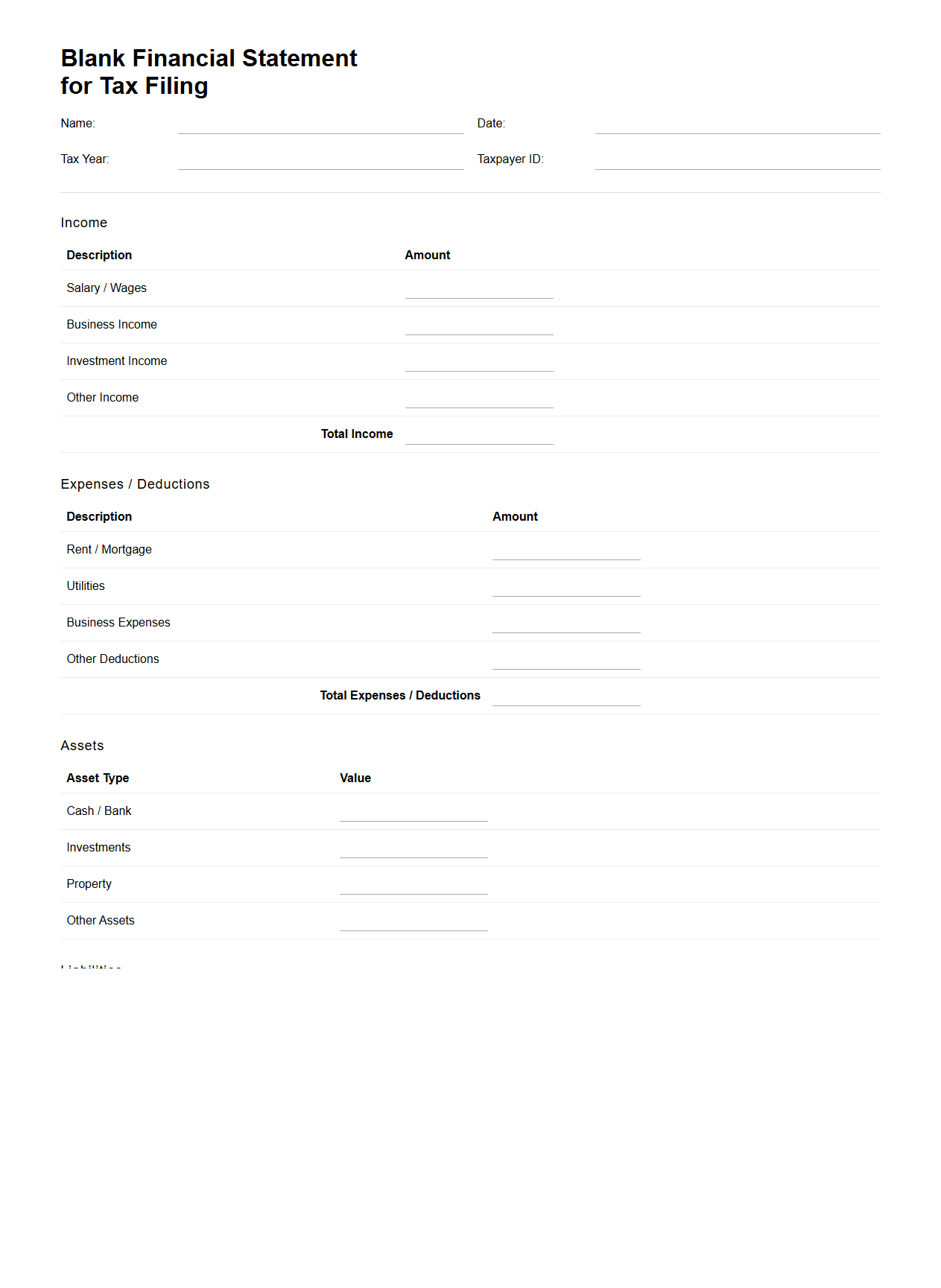 Blank Financial Statement for Tax Filing