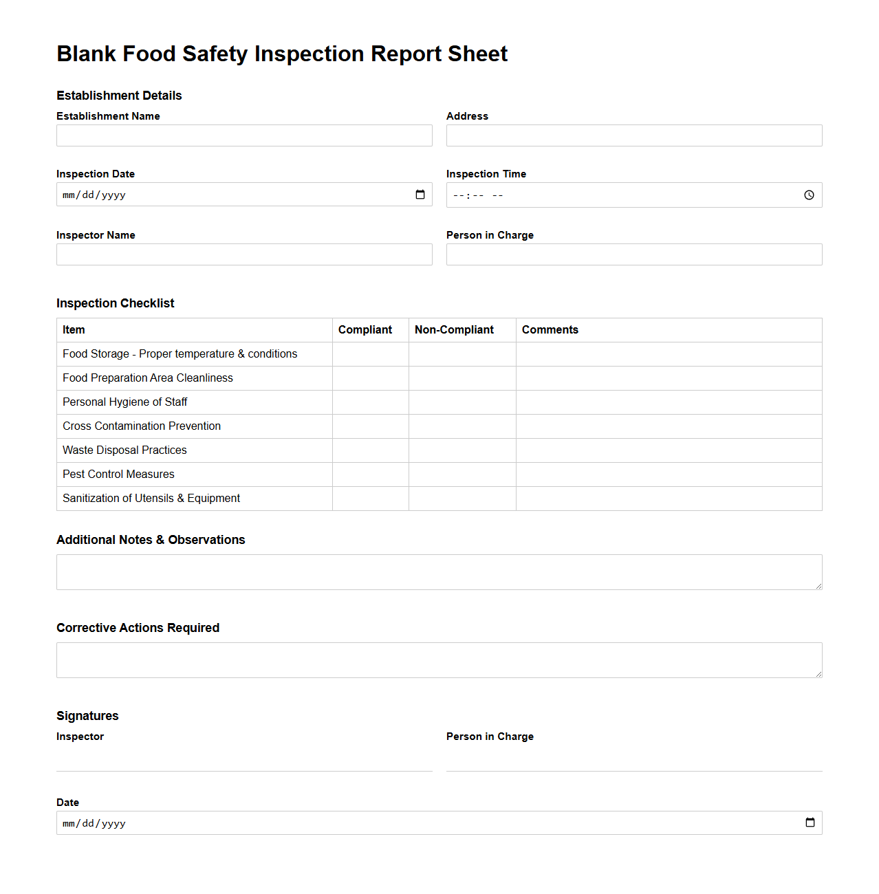 Blank Food Safety Inspection Report Sheet