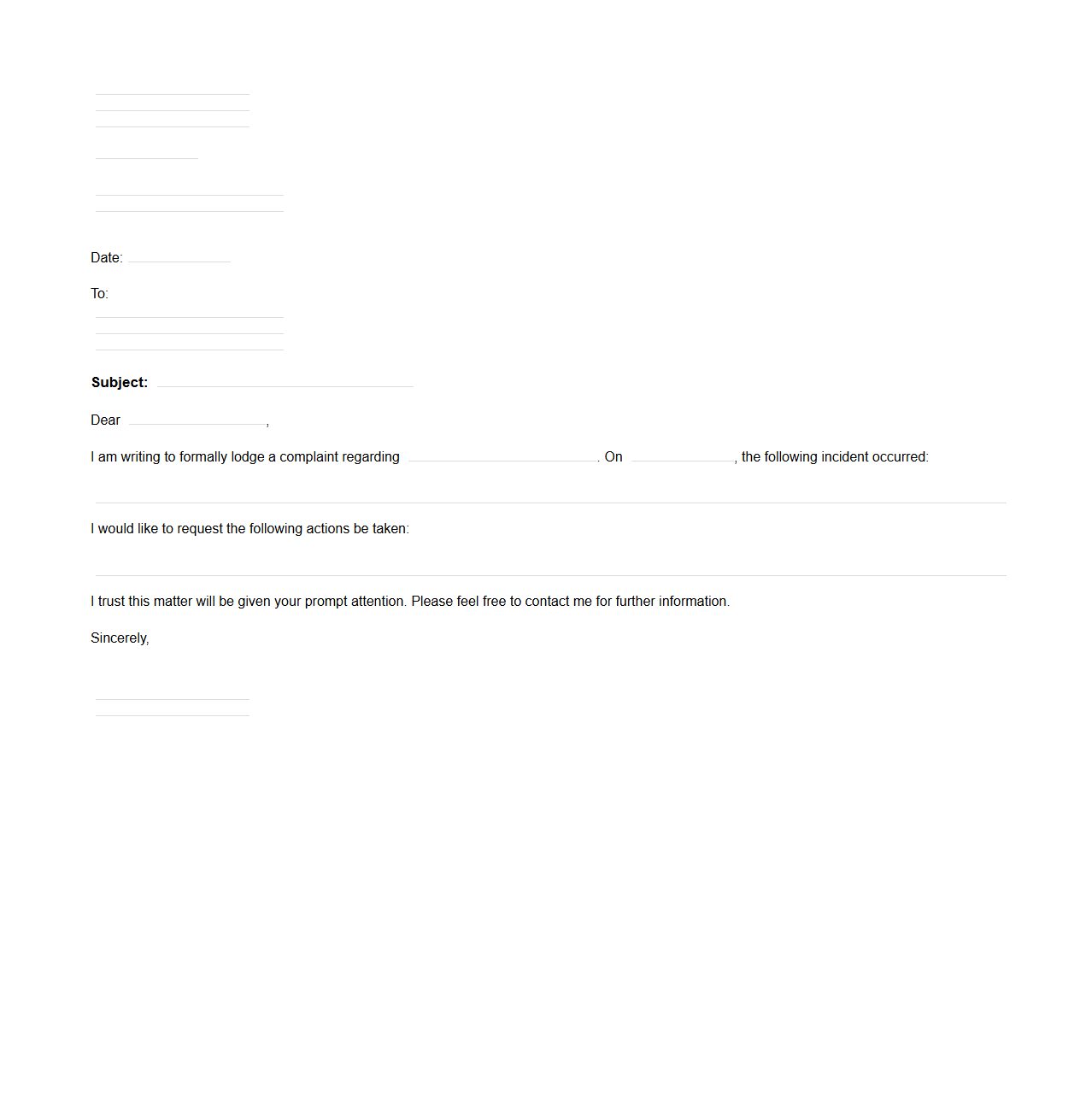 Blank Formal Complaint Letter Template