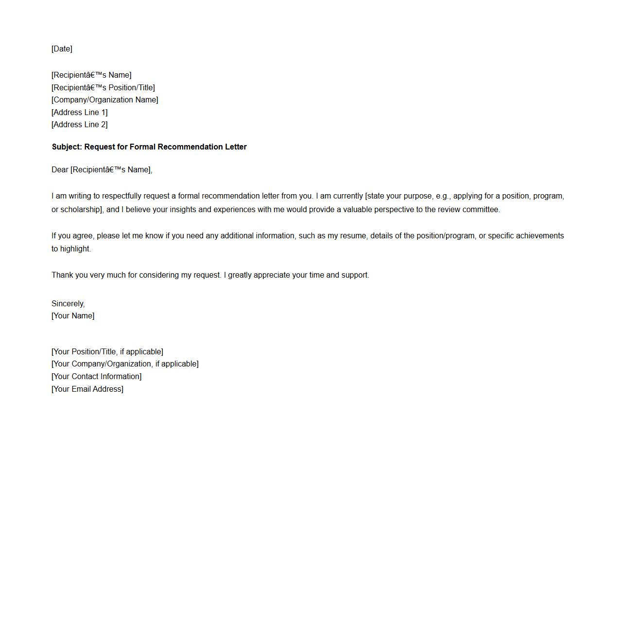 Blank Formal Recommendation Letter Request Template