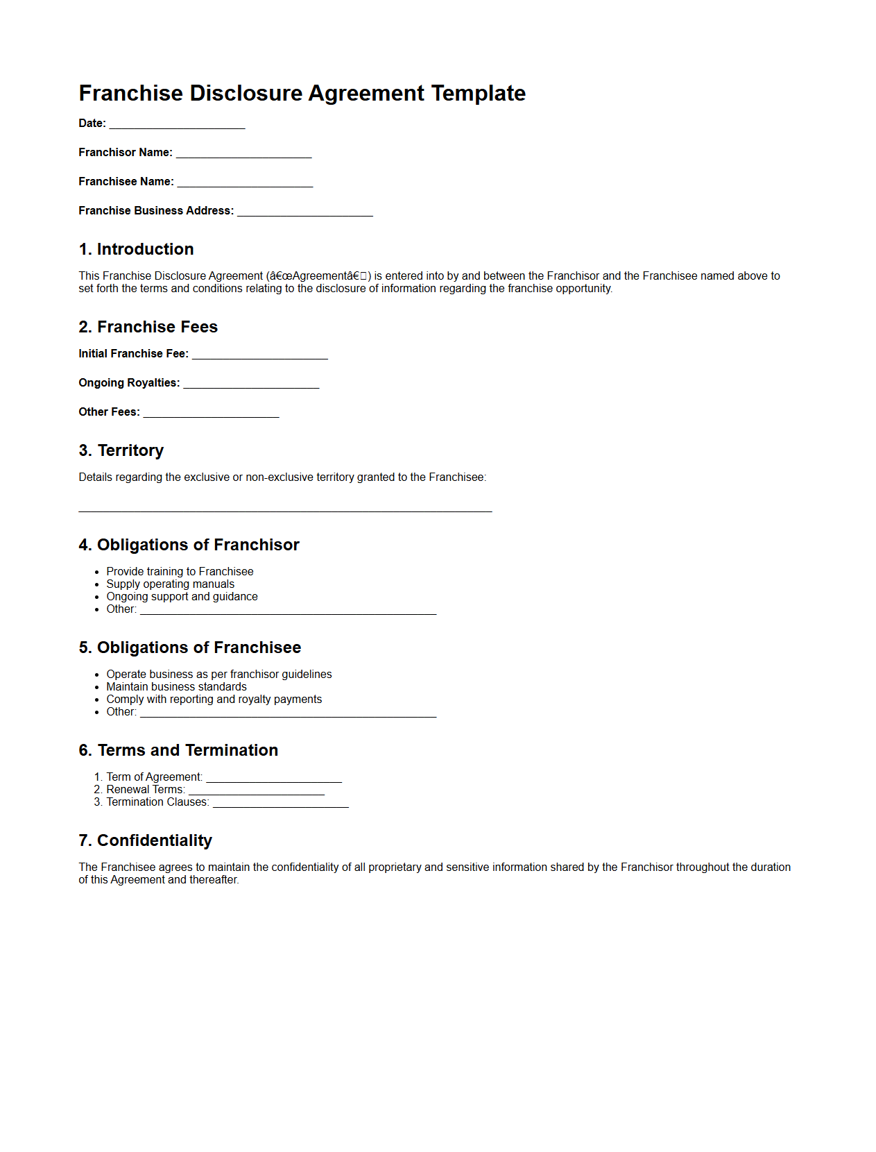 Blank Franchise Disclosure Agreement Template for New Ventures