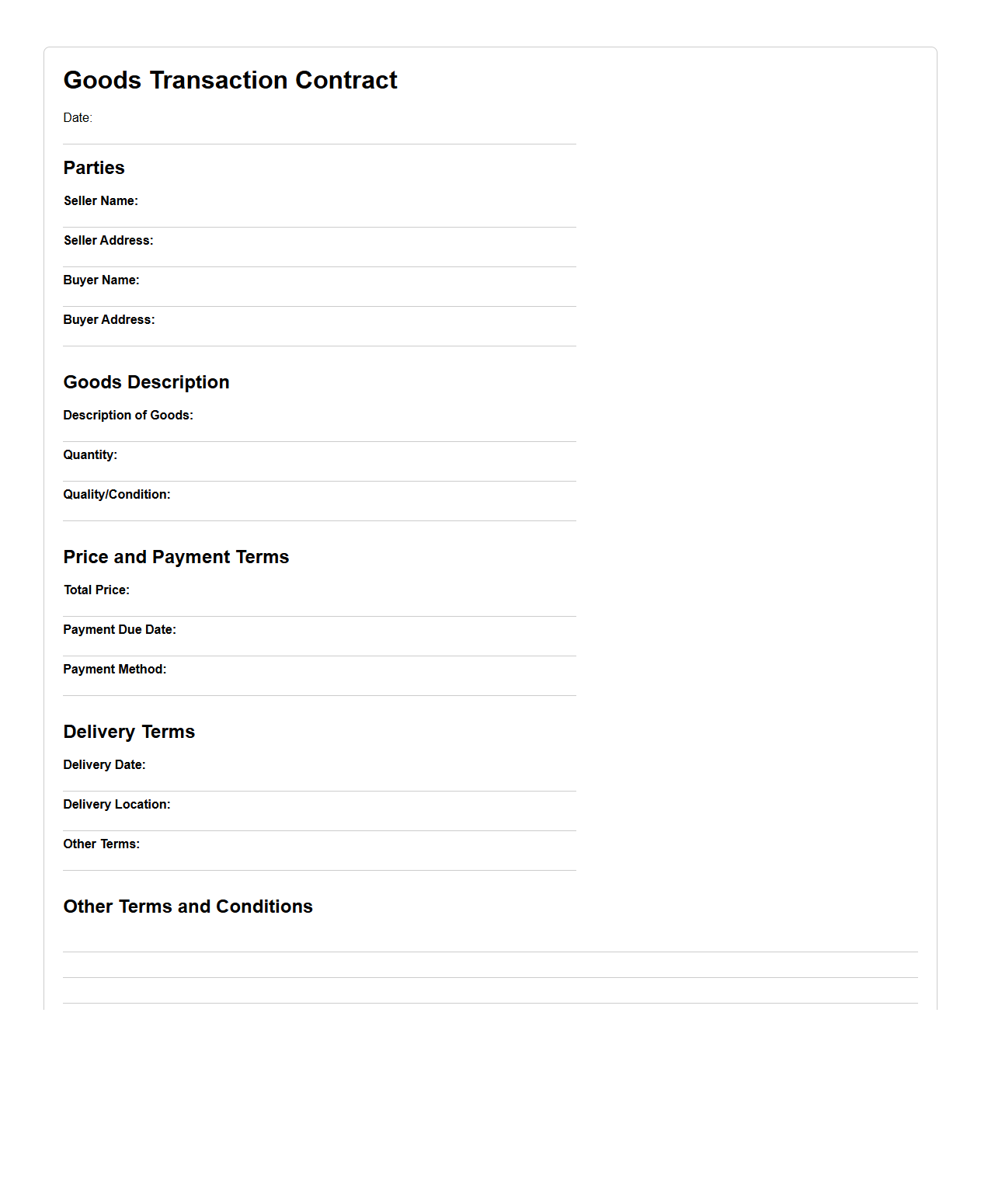 Blank Goods Transaction Contract Sample