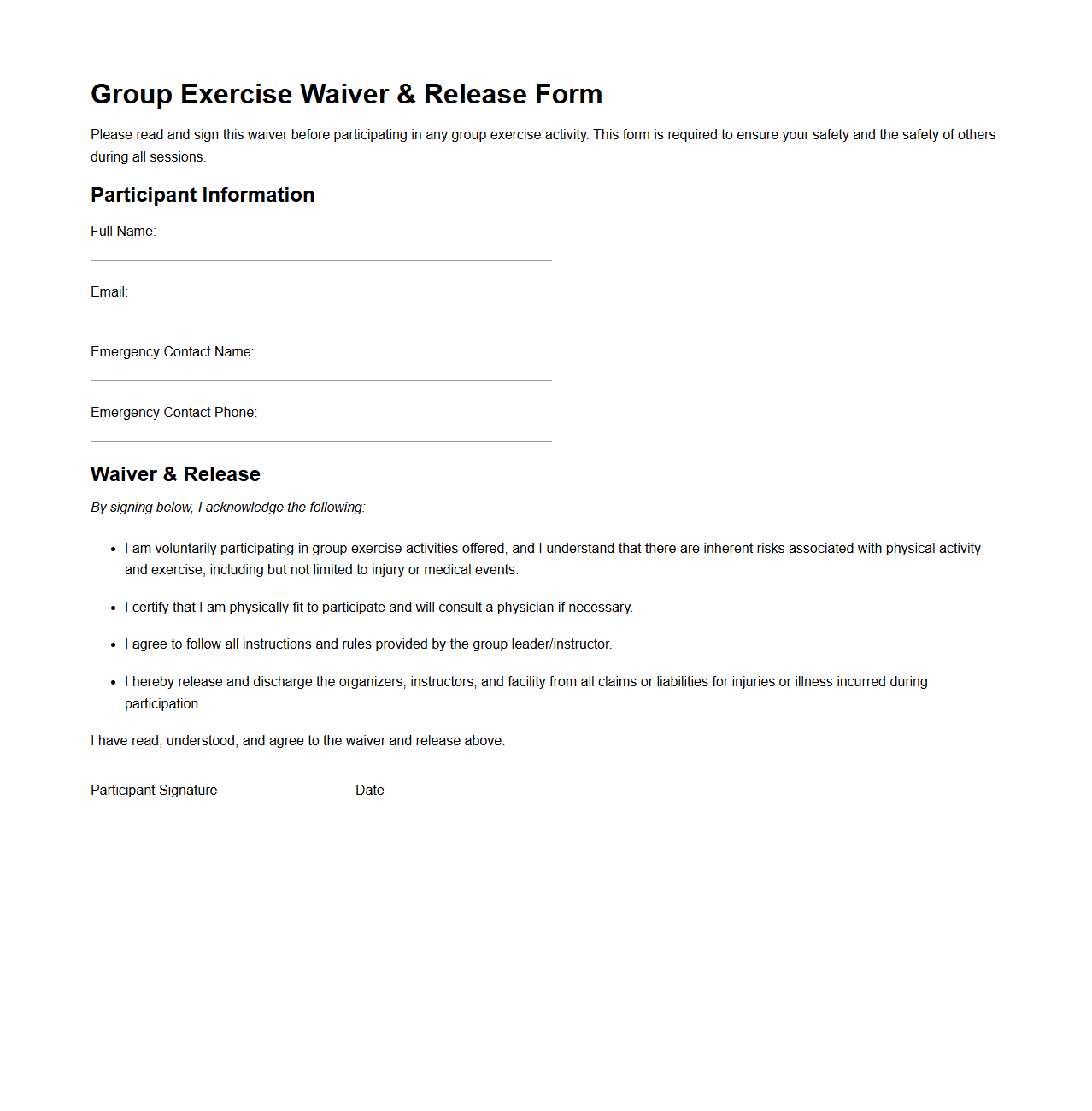 Blank Group Exercise Waiver Template