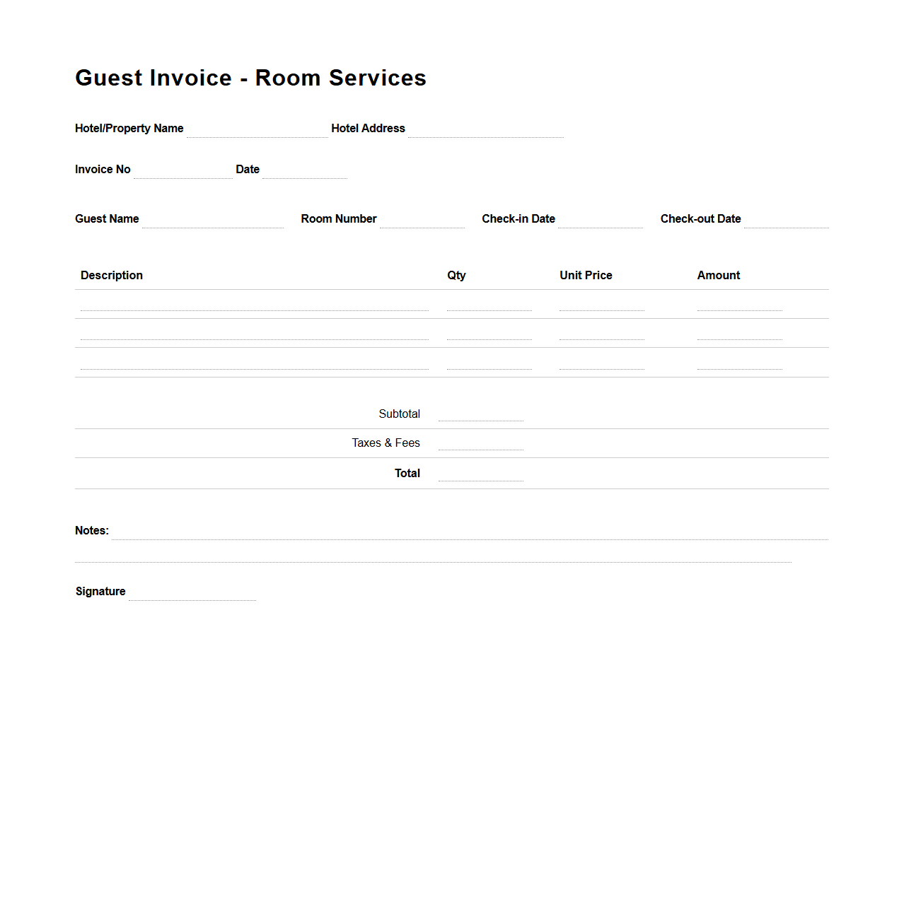 Blank Guest Invoice Document for Room Services