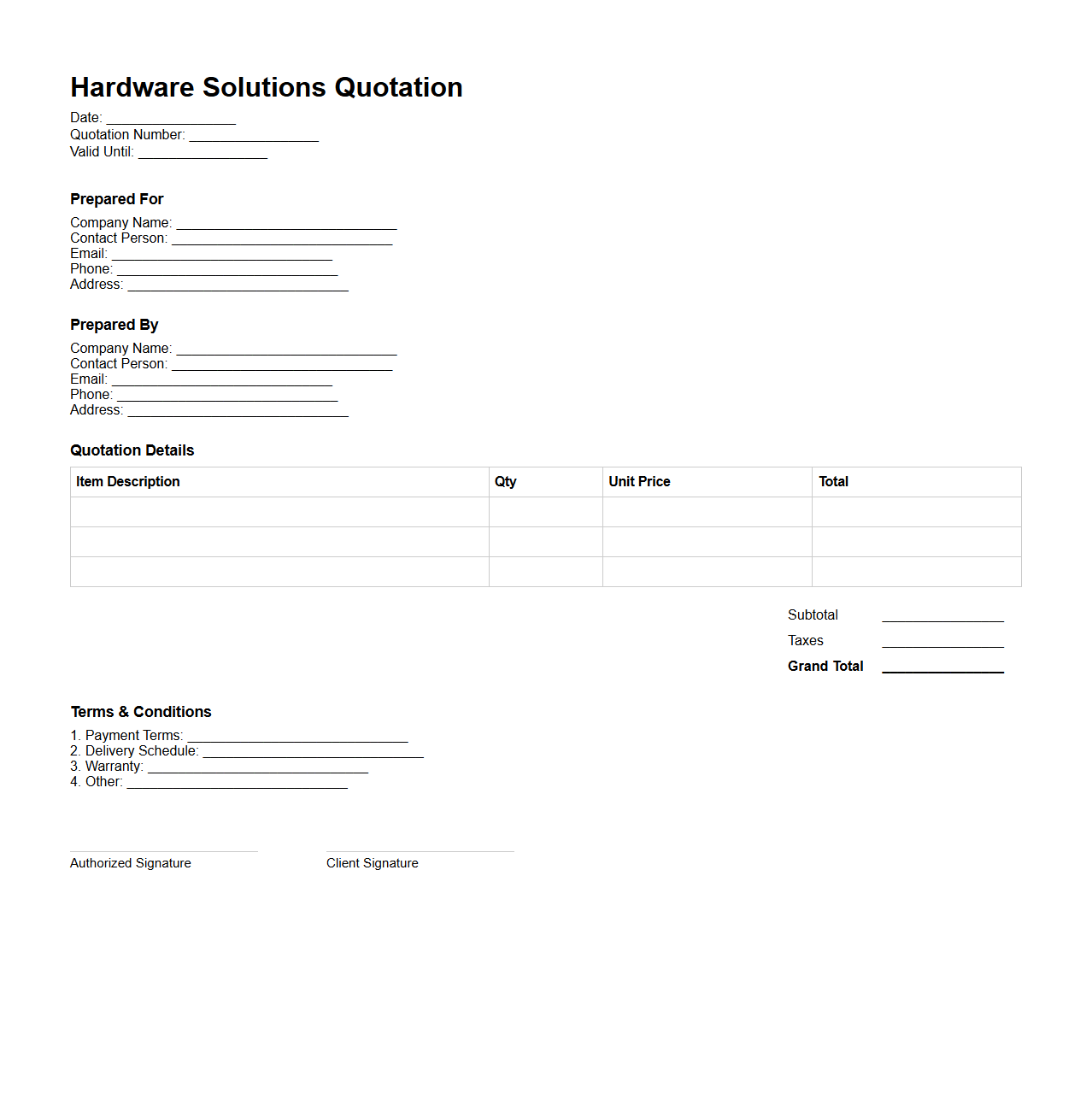 Blank Hardware Solutions Quotation Template
