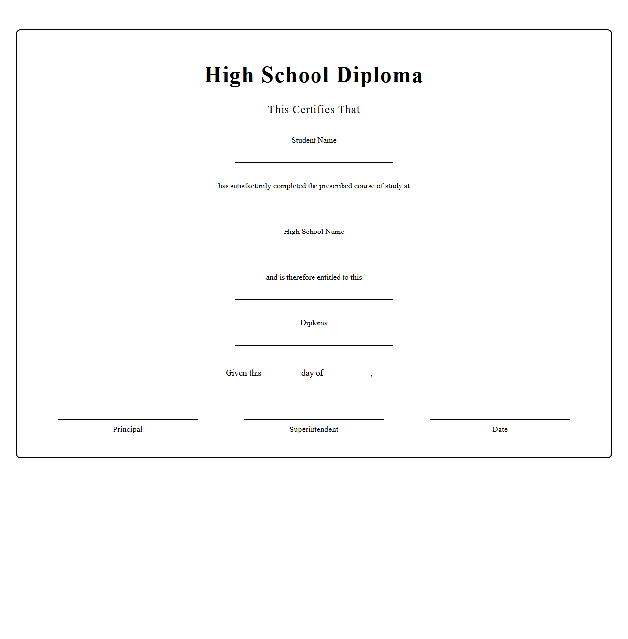 Blank High School Diploma Certificate Template