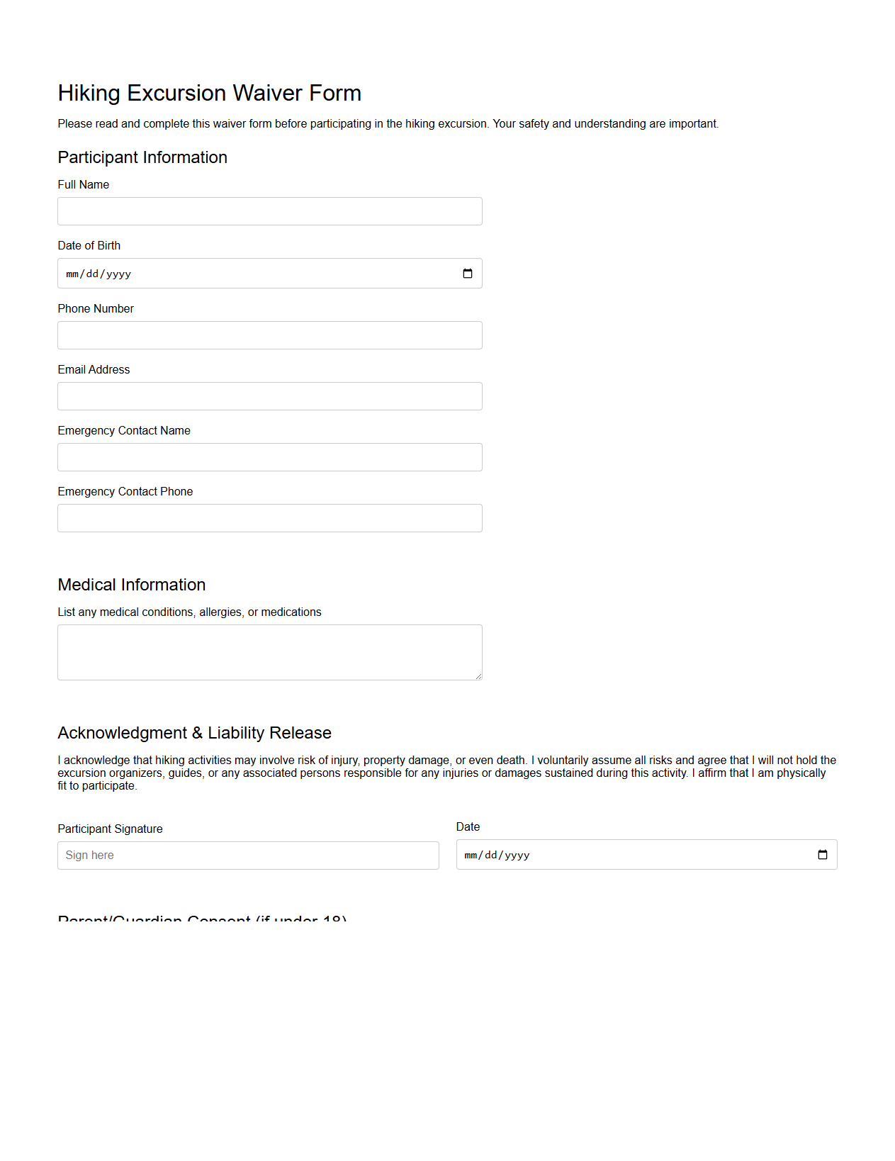 Blank Hiking Excursion Waiver Form Template