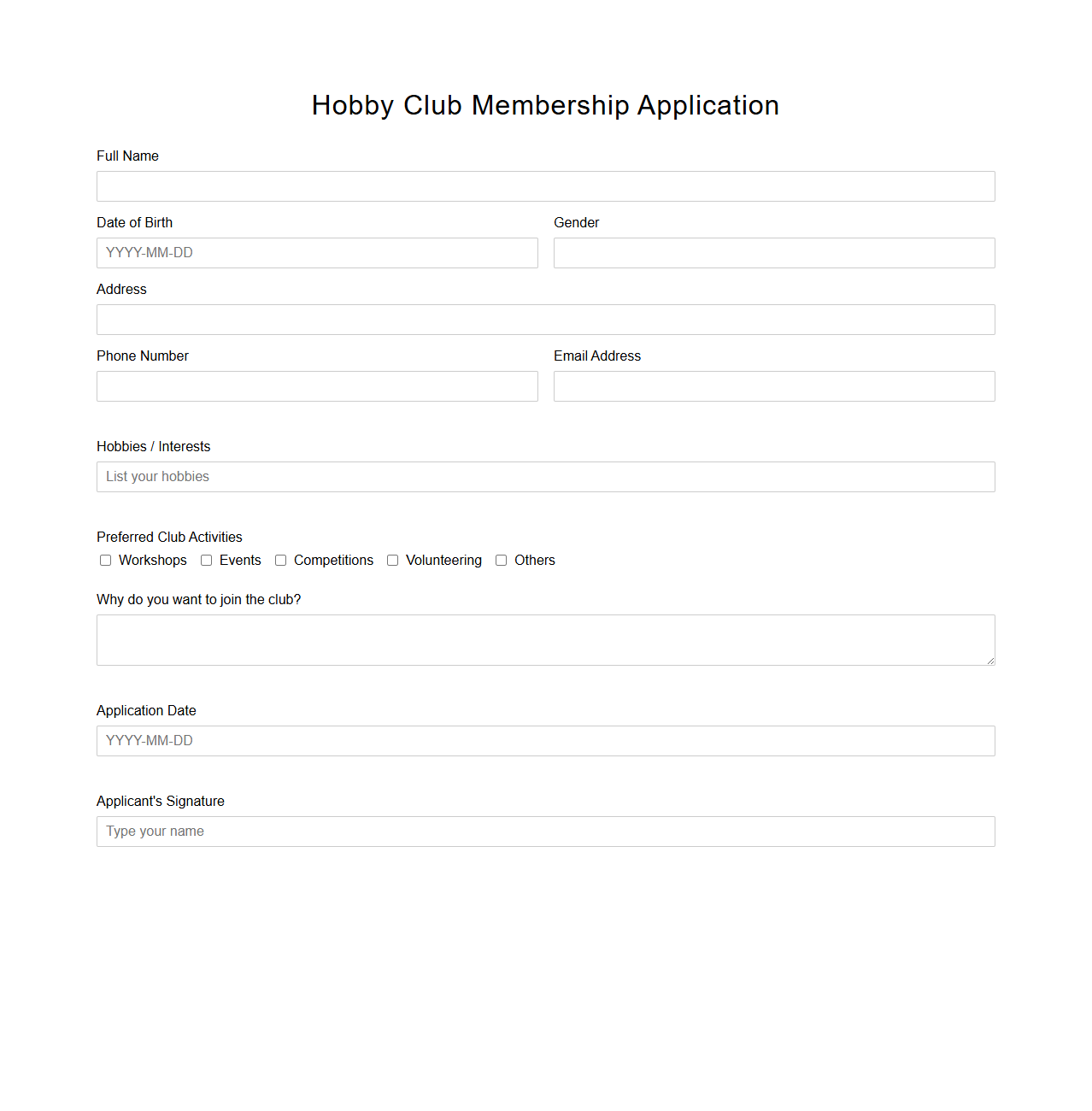 Blank Hobby Club Membership Application Template