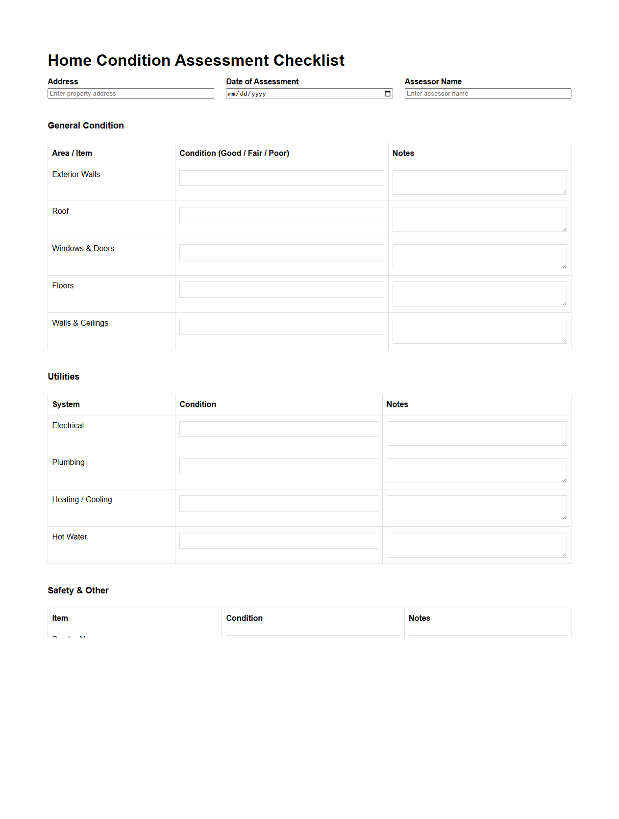 Blank Home Condition Assessment Checklist Template