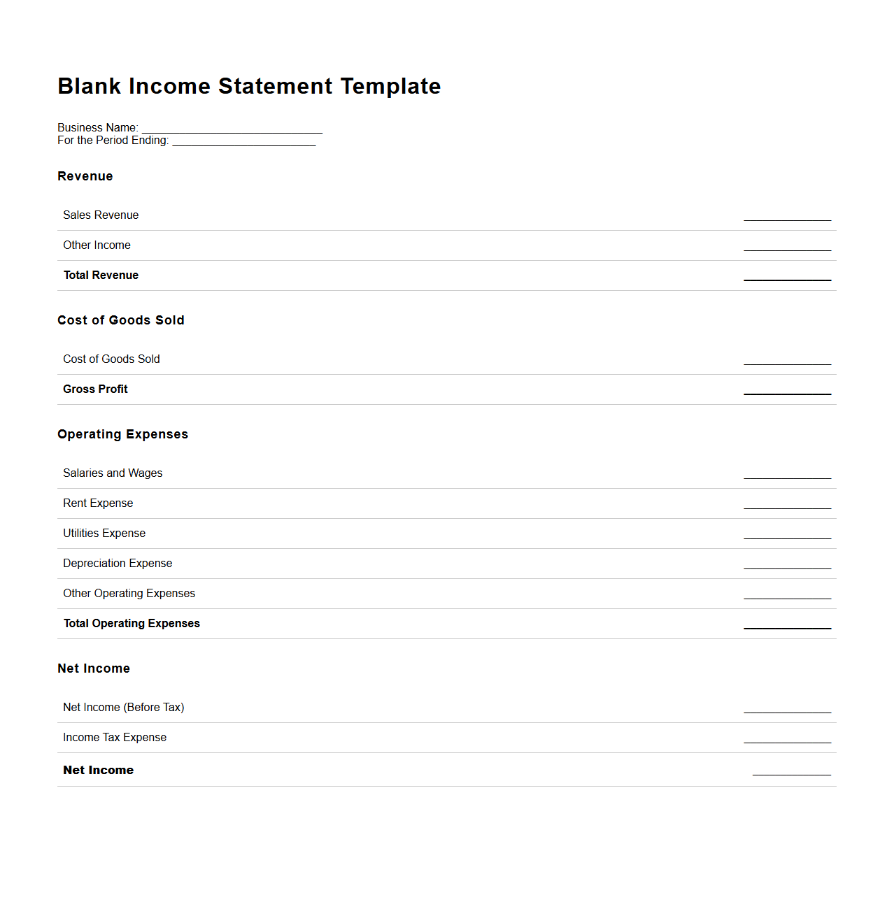 Blank Income Statement Template for Business Transactions
