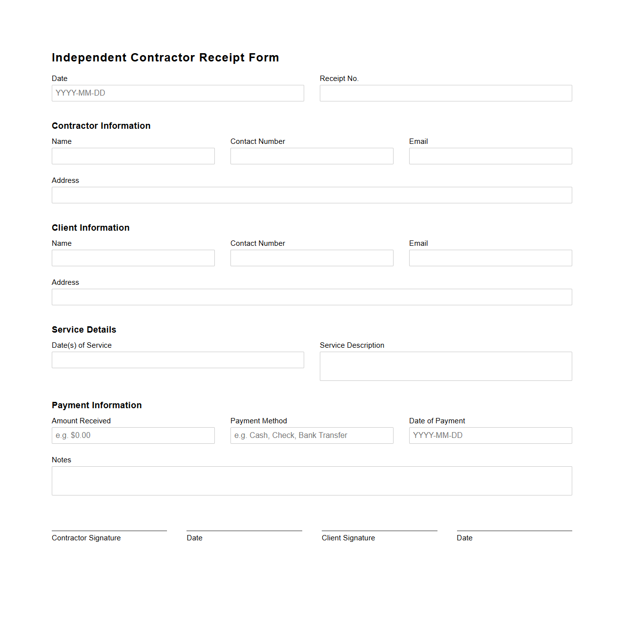 Blank Independent Contractor Receipt Form